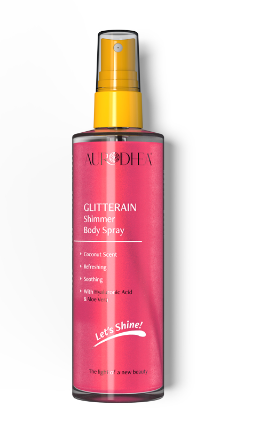 GLITTERAIN - Pink Shimmer Body Spray (Noix de coco) - 150 ml Enrichi en Acide hyaluronique et Aloe vera